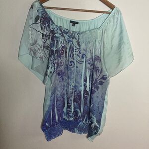 Women’s Aqua Flutter Sleeves Top Smocked Hem Blouse Size Large Casual